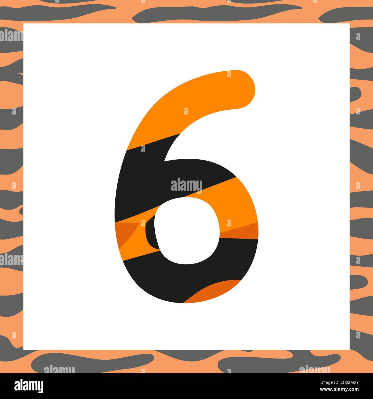 Nummer sechs mit Tiger-Muster. Festliche Schrift und Rahmen aus Orange mit schwarzen Streifen, Symbol für Neujahr und Weihnachten Stock Vektor