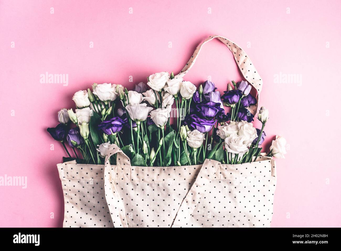 Die Zusammensetzung der Blumen und Taschen. Ein Geschenk und Blumen auf einem rosa Hintergrund. Frauentag, ein Feiertag. Flache Sonnenliege, Draufsicht, Kopierbereich. Stockfoto