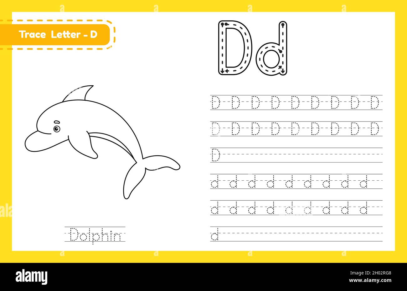 Trace-Buchstabe D in Groß- und Kleinbuchstaben. Alphabet Tracing Praxis Vorschule Arbeitsblatt für Kinder Englisch lernen mit niedlichen Cartoon Tier. Coloring boo Stock Vektor