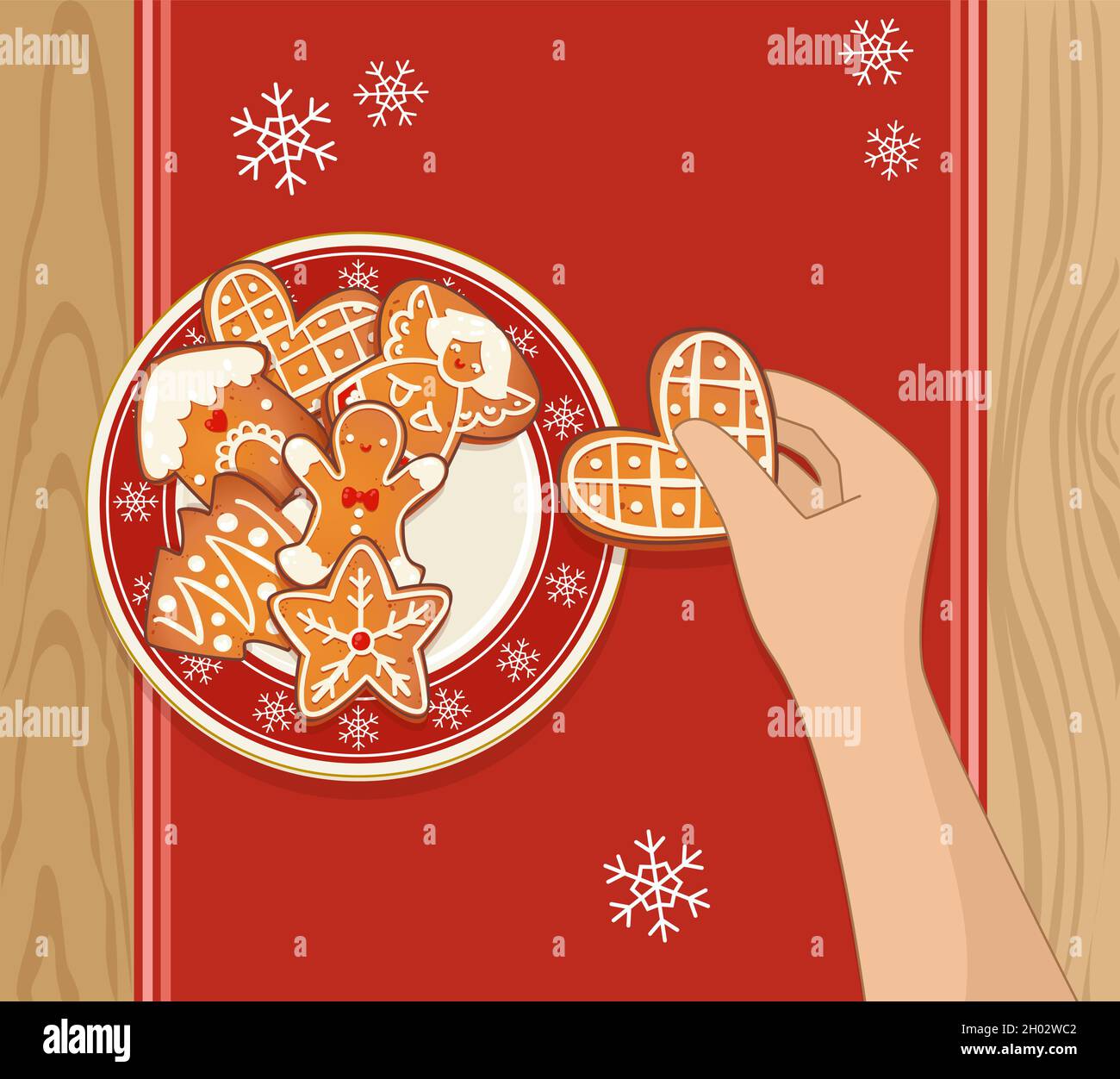 Lebkuchen Weihnachtsplätzchen auf rotem Teller mit Schneeflocken und menschlicher Hand, die einen Keks hält. Vektorgrafik von oben für das neue Jahr und den Winterurlaub. Stock Vektor