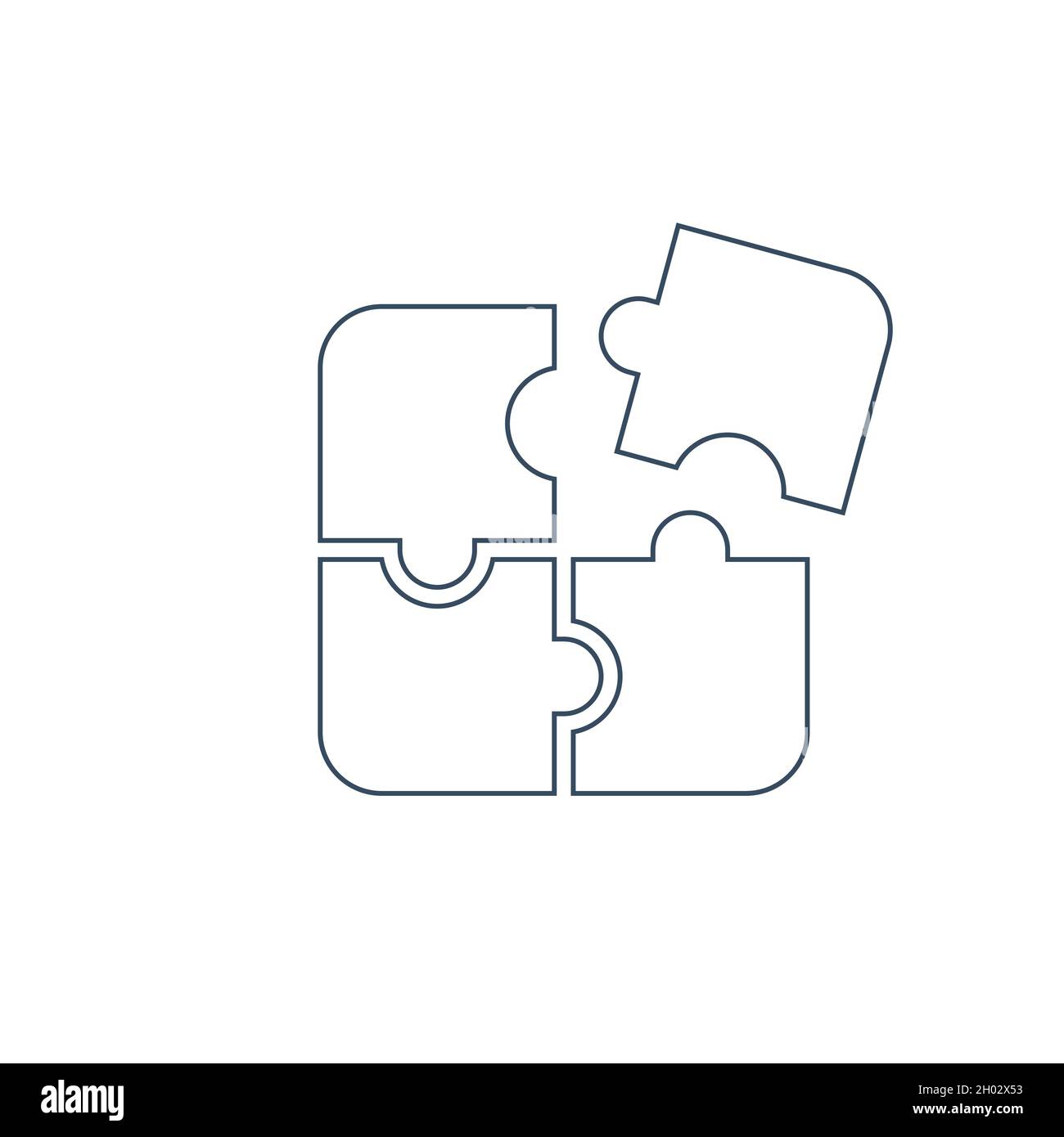 Vier Teile Puzzle lineare Symbol, Teamwork-Lösung Symbol. Stock Vektorgrafik isoliert auf weißem Hintergrund. Stock Vektor