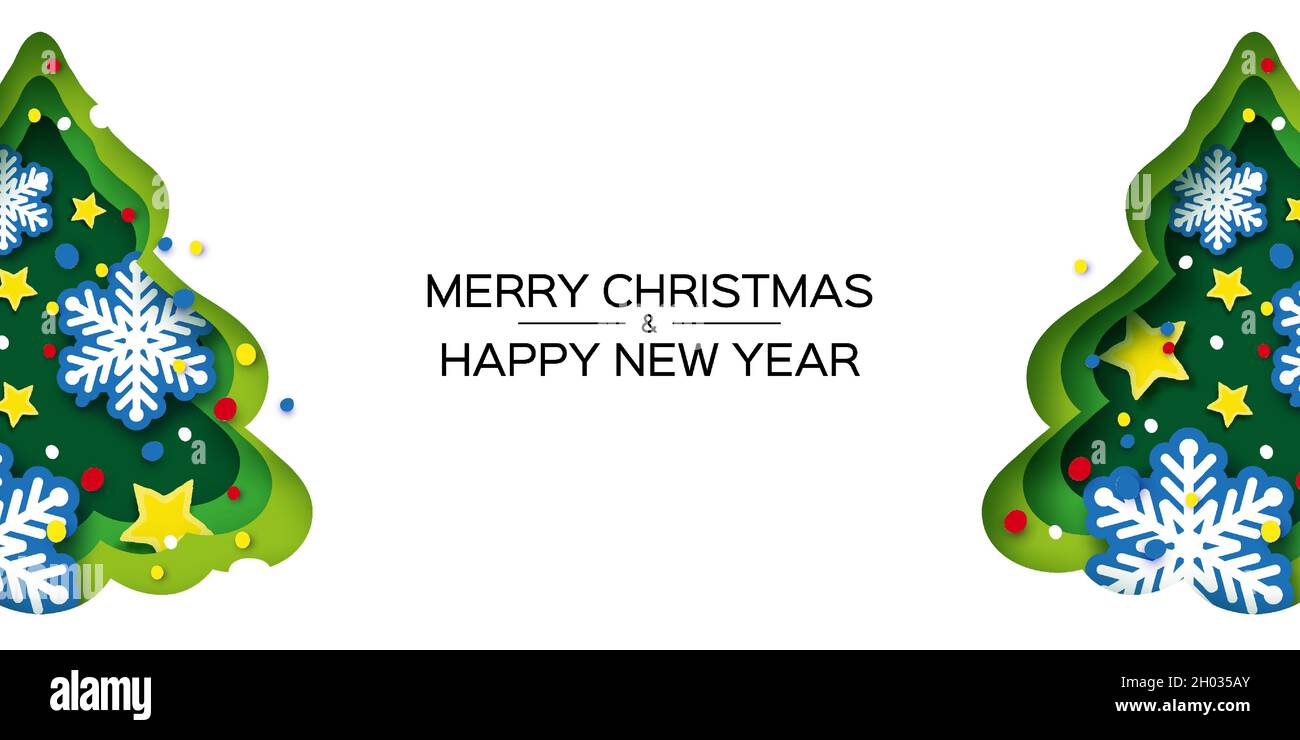 Weihnachtsbaum-Grußkarte mit Sternen und Schneeflocken. Frohes neues Jahr und Frohe Weihnachten. Winterurlaub Papier Handwerk Stil. Vektor. Stock Vektor