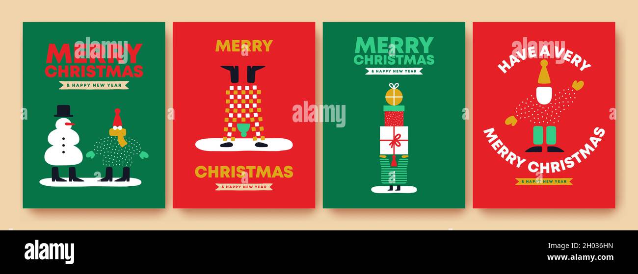 Frohe Weihnachten Glückliche Neujahrskarte Sammlung von lustigen Menschen Charakter, weihnachtsmann, und Winter Schneemann. Retro skandinavischen Stil Cartoon s Stock Vektor