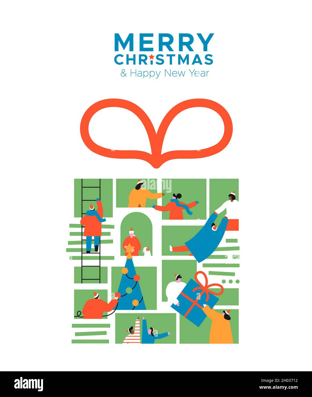 Frohe Weihnachten Frohe Neujahr Grußkarte Illustration von verschiedenen Menschen online in Geschenkbox verbunden. Internet-Freund-Verbindung Konzept für h Stock Vektor