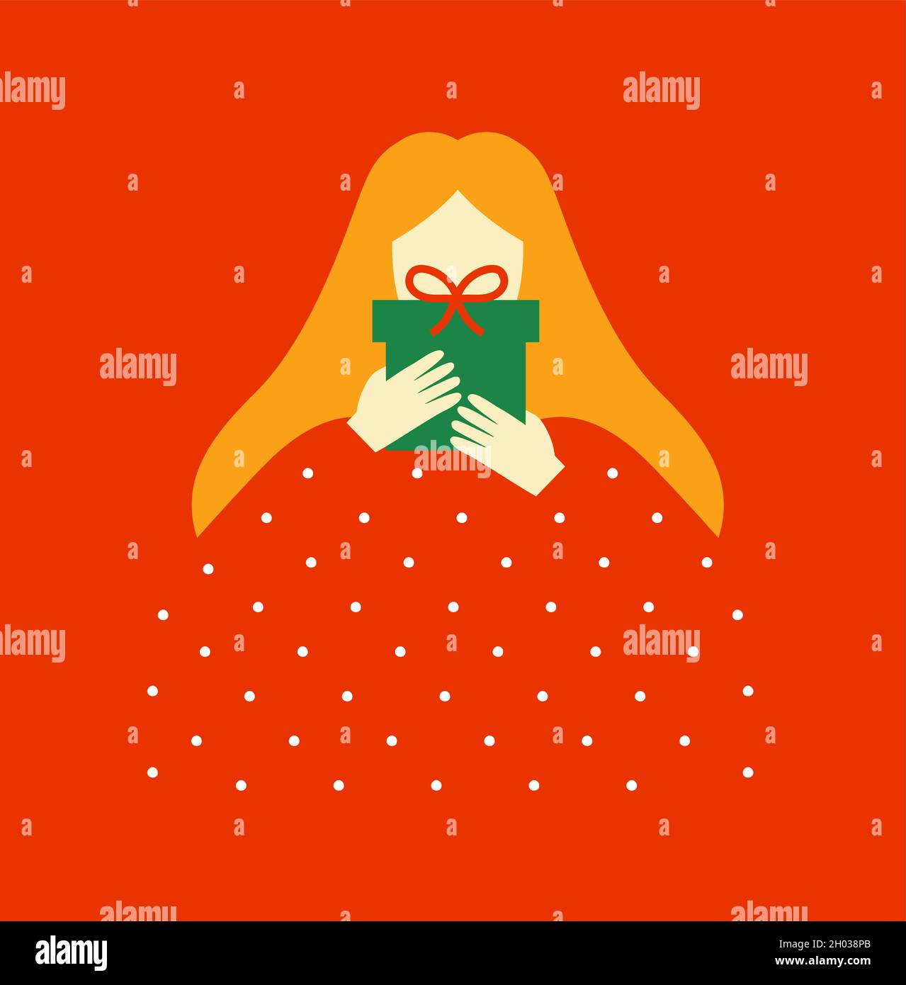 Moderne flache Frau Charakter hält weihnachtsgeschenk in minimalistischen Cartoon-Stil. Abstraktes Weihnachtsfeiertagsillustrationskonzept auf isoliertem Hintergrund. Stock Vektor