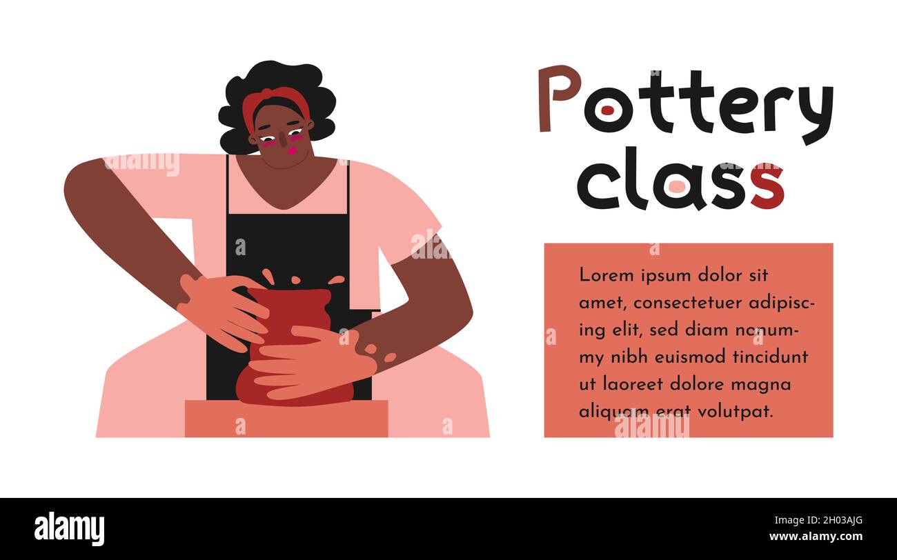 Vektorgrafik. Afroamerikanische Frau lernt, niedlichen Keramiktopf zu machen. Text Pottery Class und Kopierraum für Bannerdesign. Kunstveranstaltung ist thera Stock Vektor