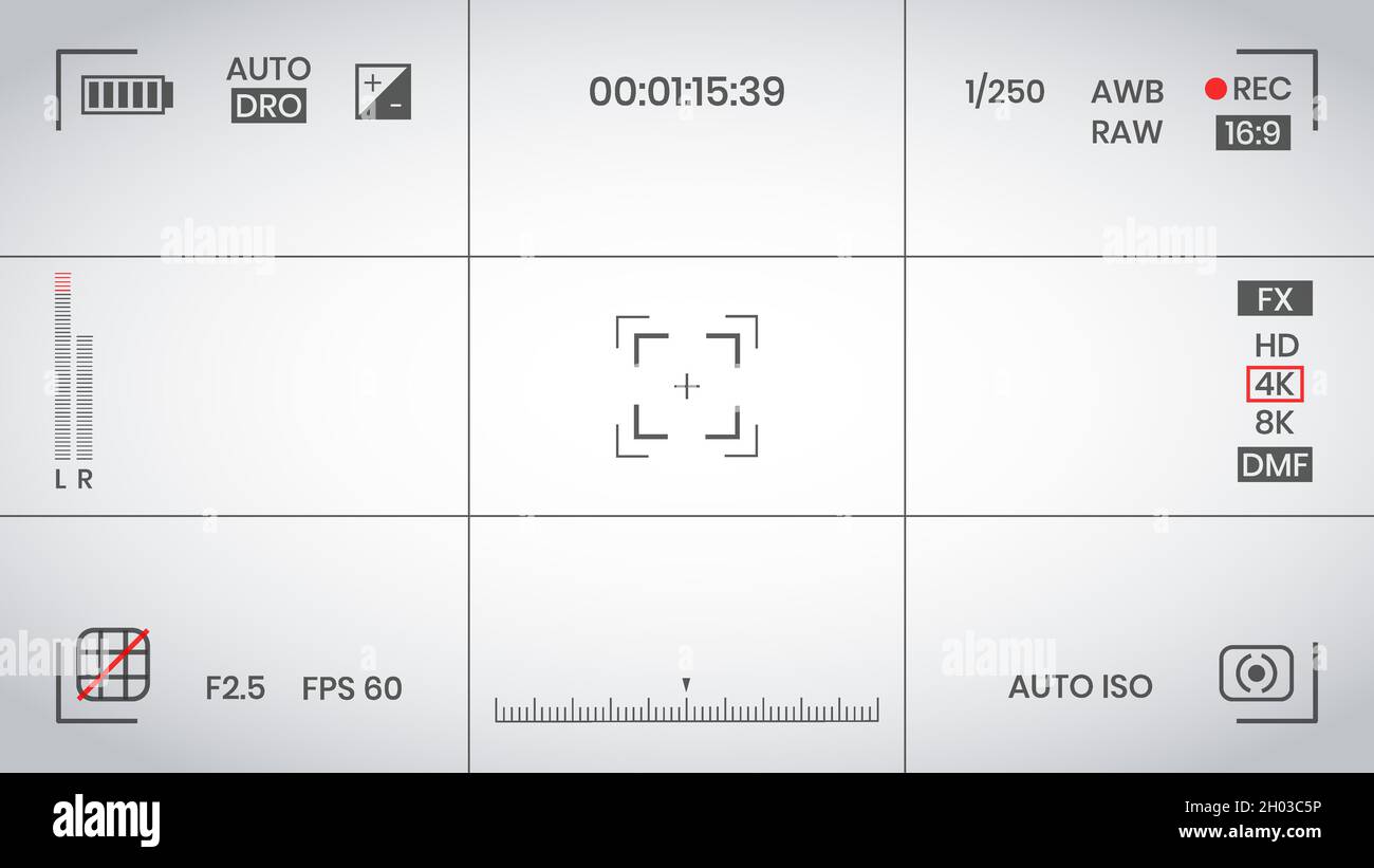 Kamera-Sucher Video- oder Fotorahmen-Recorder flaches Design Vektor-Illustration. Digitalkamera-Sucher mit Belichtungseinstellungen und Scharfstellung g Stock Vektor