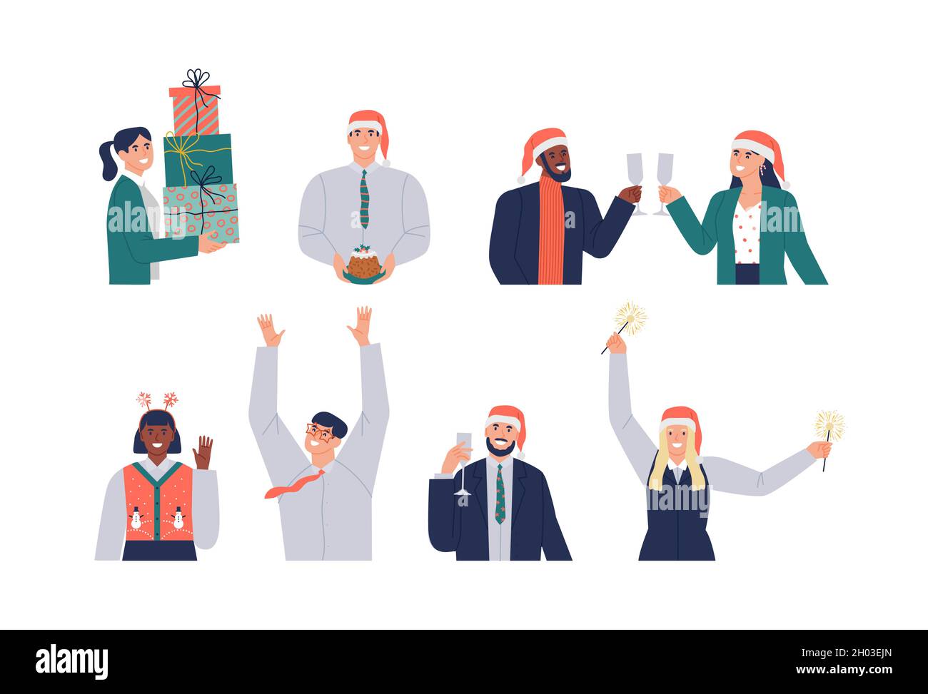 Set von weihnachten Business People Team Cartoon-Figuren auf isoliertem Hintergrund. Die vielseitige Kollektion für Büromänner und -Frauen umfasst witzige Freundschaften Stock Vektor