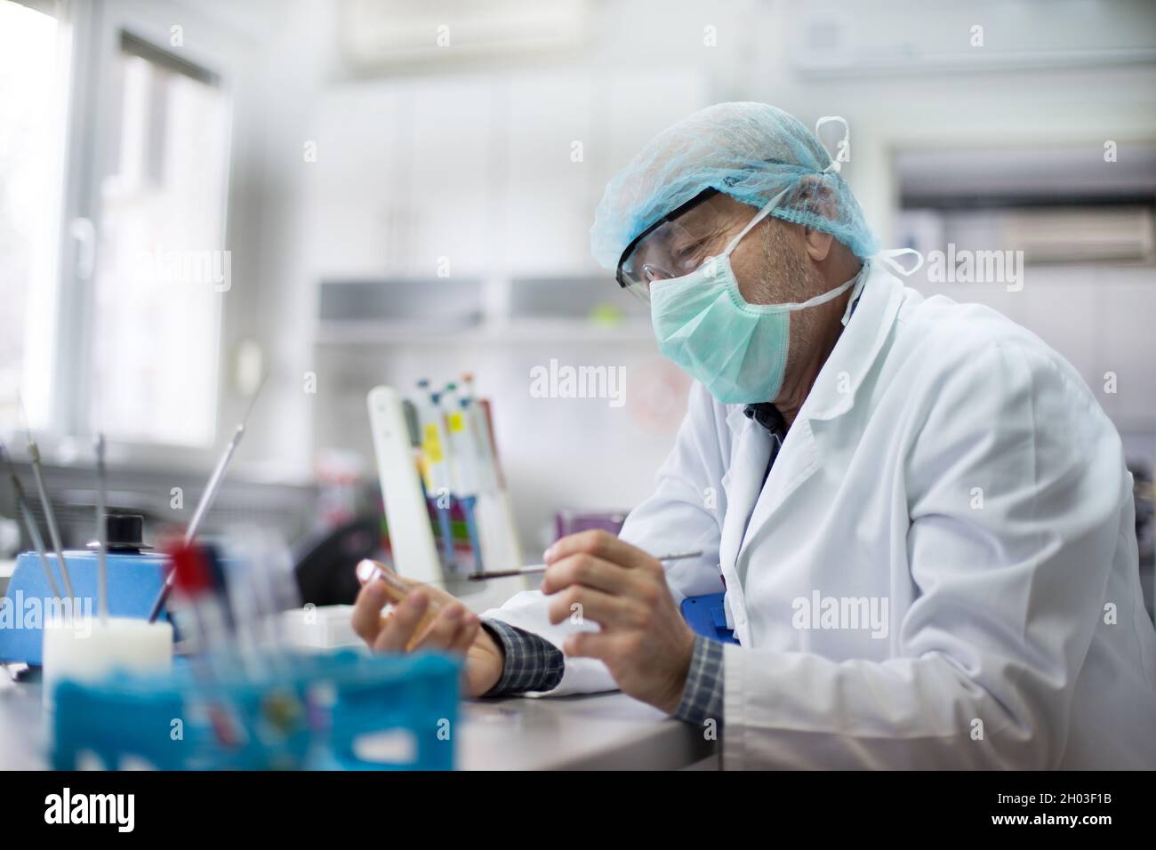 Reifer Biologe in Sicherheitskleidung, der im Labor an der Probe in Petrischale arbeitet Stockfoto