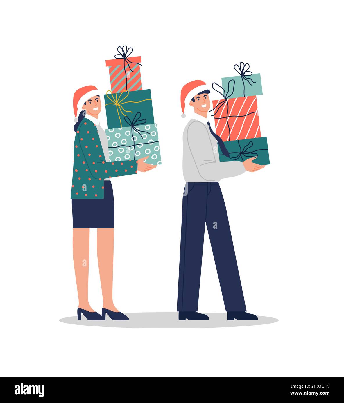 Set von weihnachten Business Menschen Cartoon-Figuren mit großen Geschenk-Box Stapel auf isoliertem Hintergrund. Büromann und -Frau tragen Geschenke. Stock Vektor