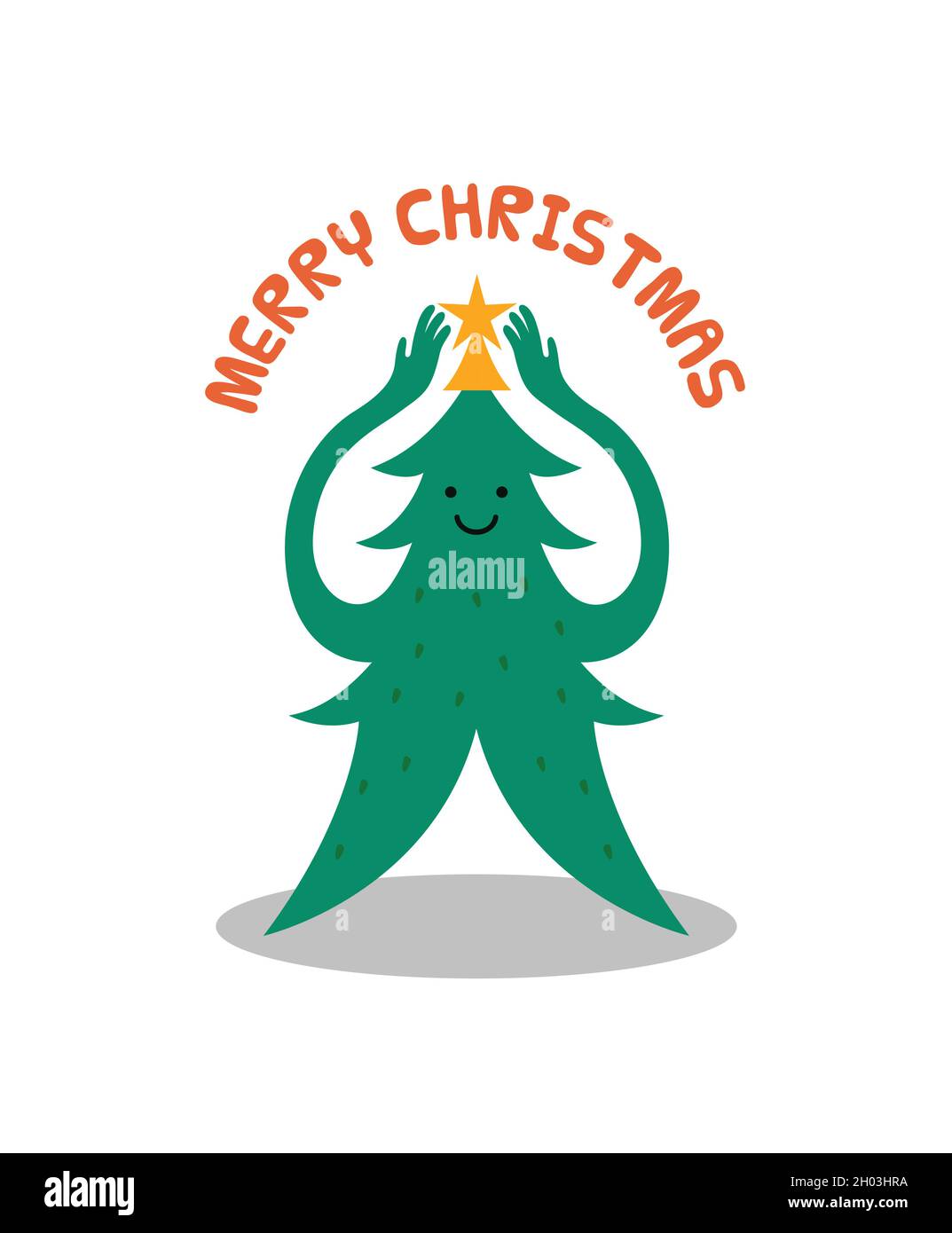 Frohe Weihnachten Grußkarte Illustration von niedlichen xmas Kiefer Baum Cartoon-Figur mit Stern Ornament in einfachen Kindern Doodle-Stil. Schönen Urlaub Stock Vektor