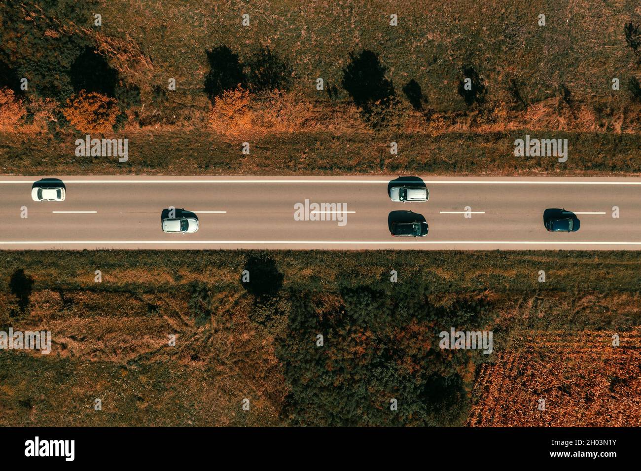 Fünf Autos auf der Straße, Luftaufnahme von Drohne pov, Top-Down-Perspektive Stockfoto