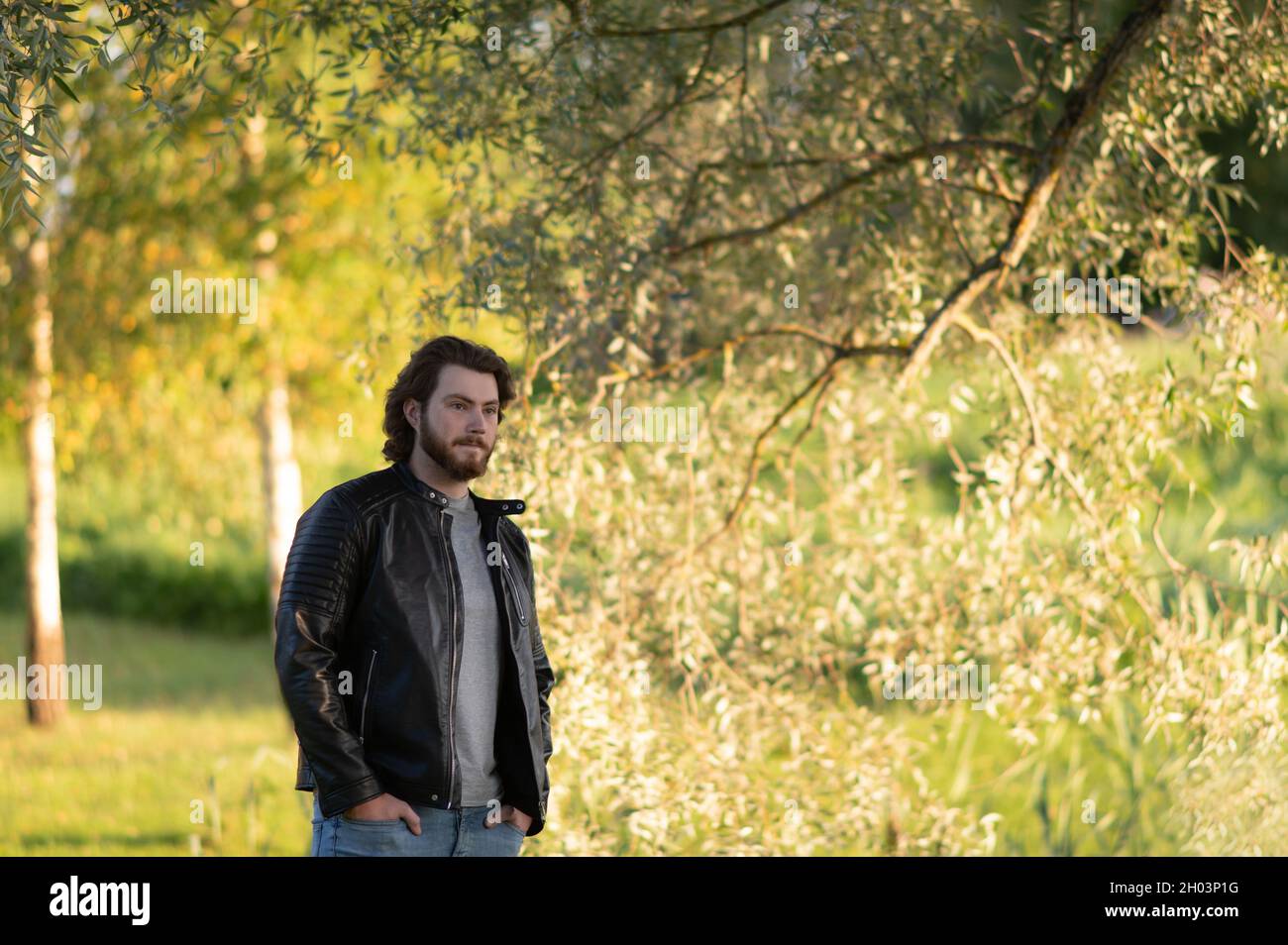 Ein junger bärtiger Mann, der im Herbstpark bei den Bäumen steht und nachdenklich in die Ferne blickt Stockfoto
