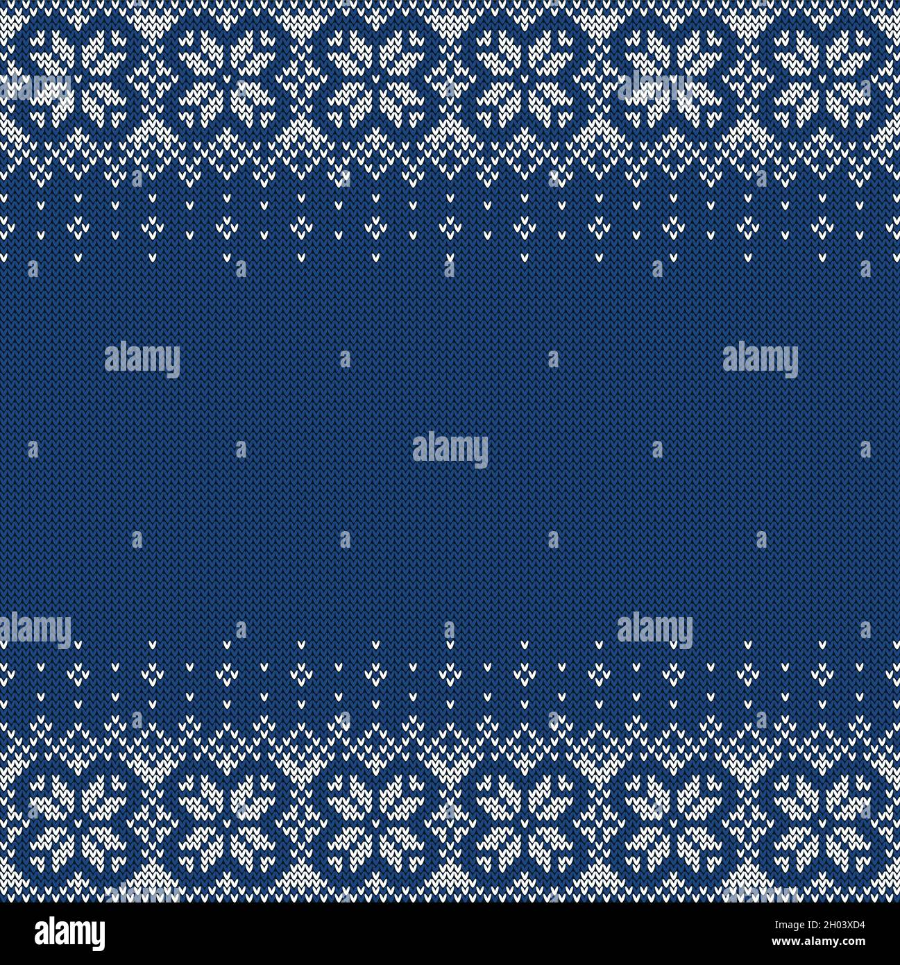 Gestrickter Hintergrund mit Copyspace. Blau-weißes Pullunder-Muster für Weihnachten, Neujahr oder Winter. Traditionelle skandinavische Bordüre Stock Vektor