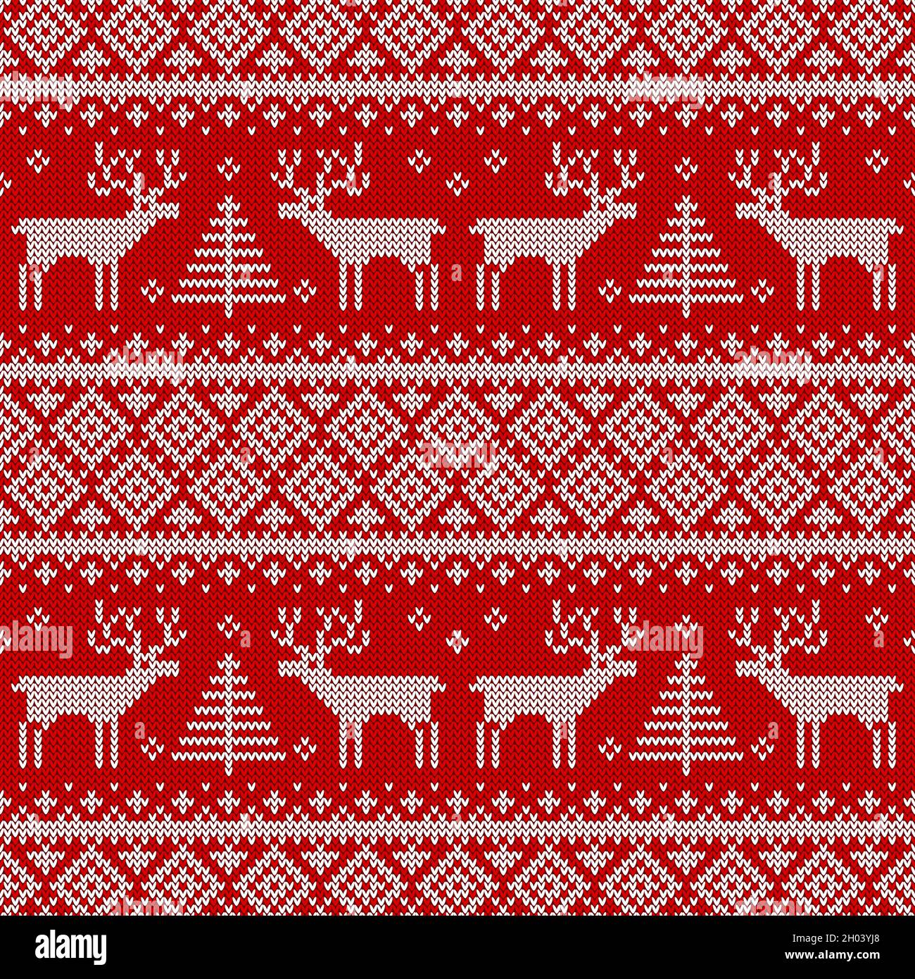 Nahtloses Strickmuster mit Hirschen und Bäumen. Rot-weißer Pullover-Hintergrund für Weihnachten, Neujahr oder Winter-Design. Skandinavisches Vektorornament Stock Vektor