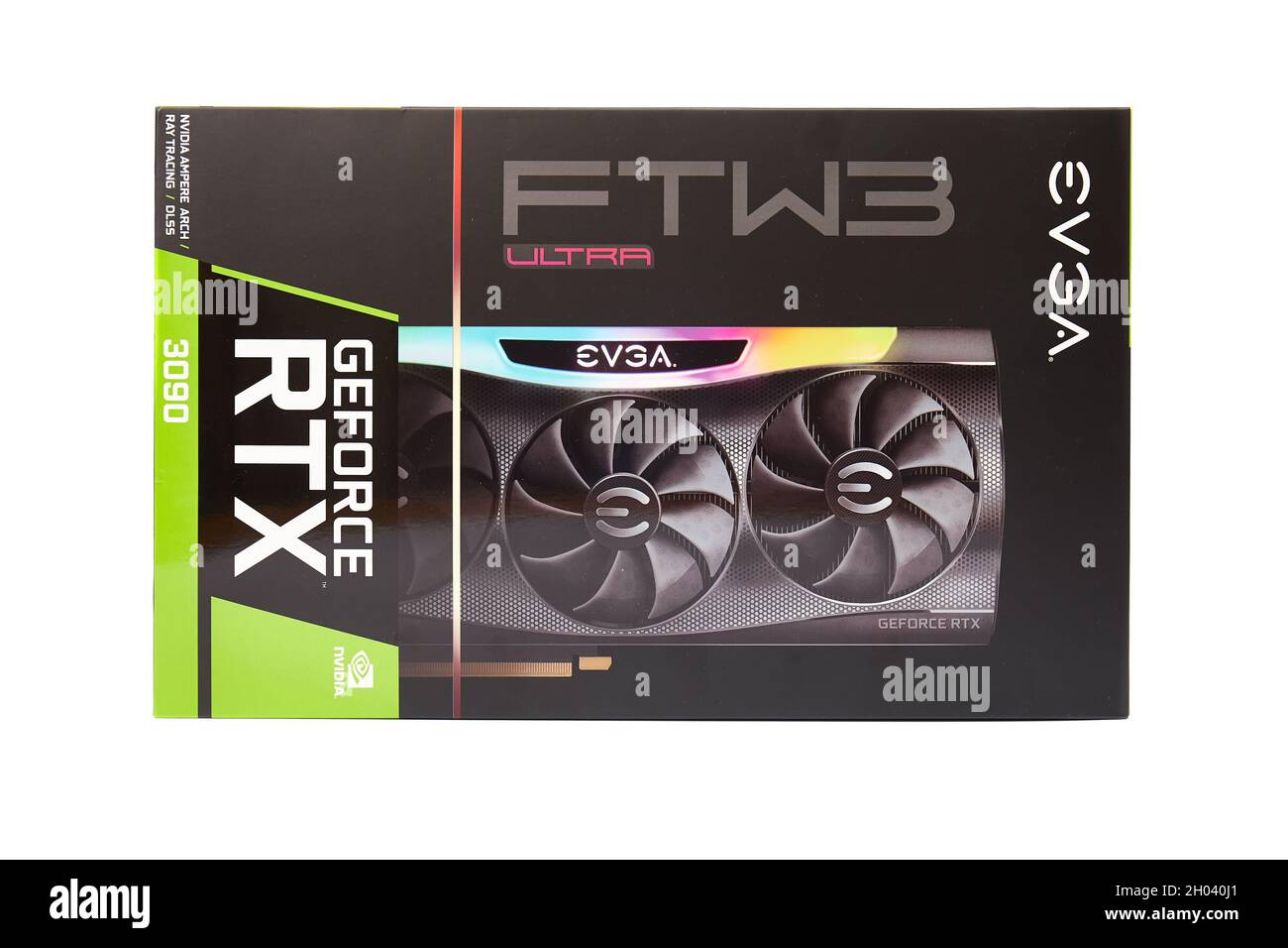 EVGA GeForce RTX 3090 Nvidia GPU Box, isoliert auf weiß Stockfoto