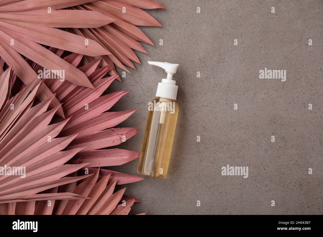 Natürliche Schönheit Produkthintergrund mit einer Flasche und getrockneten rosa Palmblättern Stockfoto