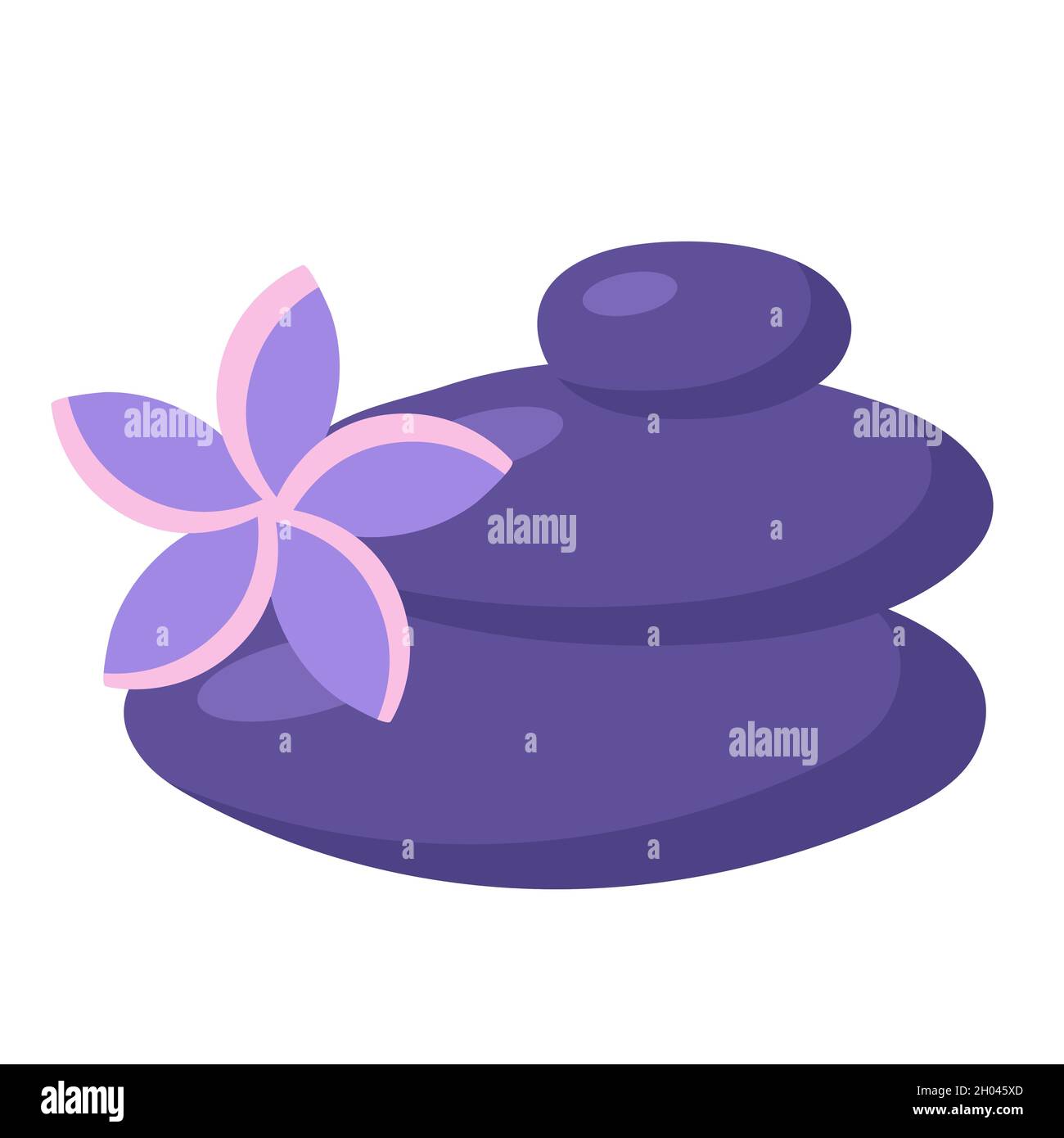 Balancieren Sie Steine mit der Plumeria Blume. SPA- und Massagekonzept. Zen-Element im trendigen Stil. Vektorgrafik im flachen Stil. Stein, Wellness, Balance Stock Vektor