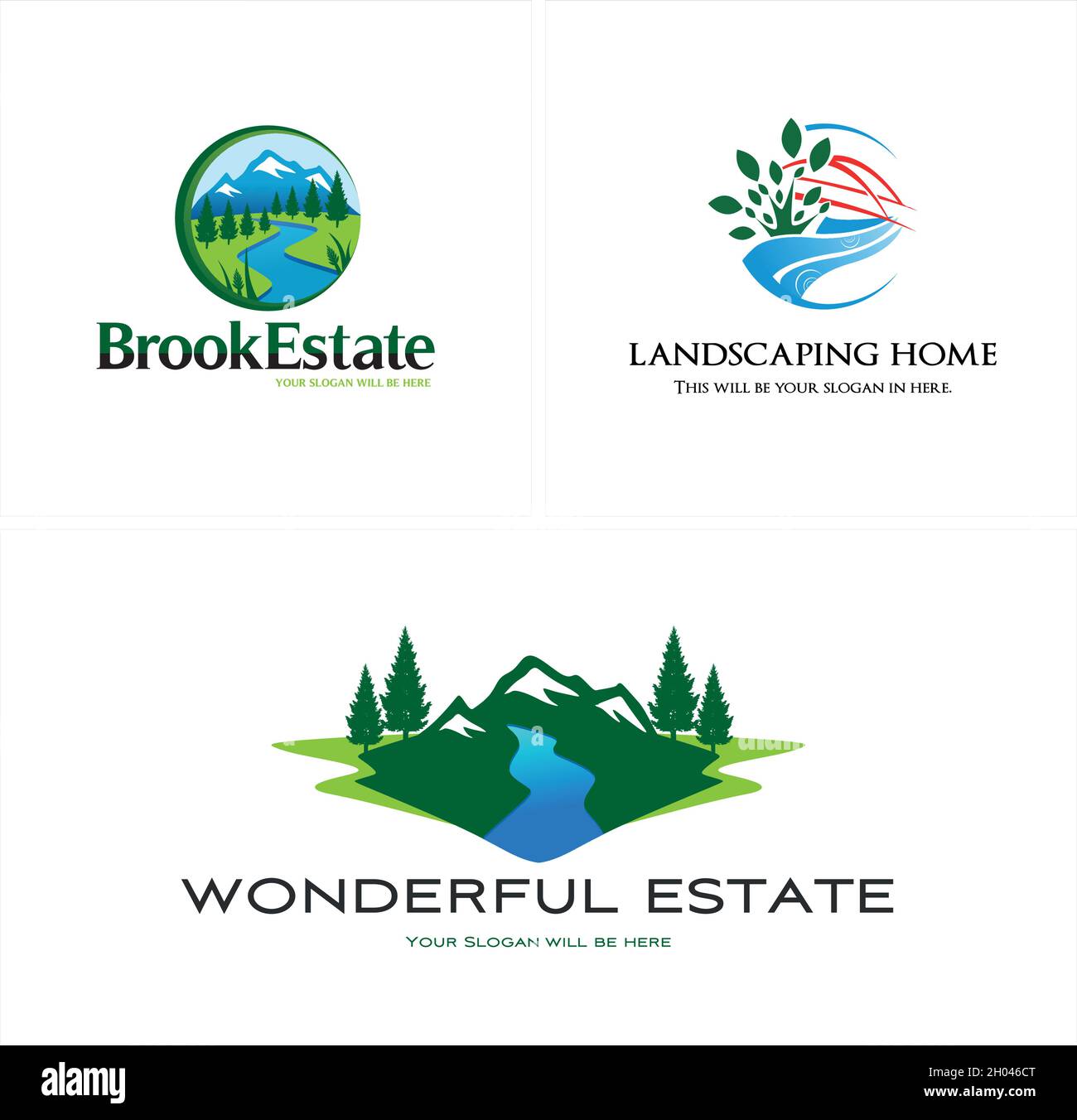 Moderne Landschaftsgestaltung Haus Natur im Freien Logo-Design Stock Vektor