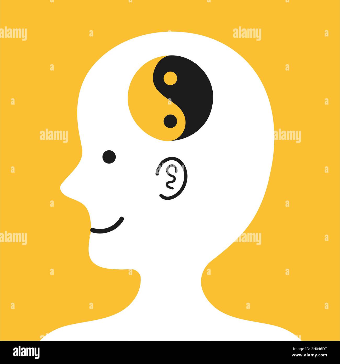 Niedlicher menschlicher Kopf im Profil mit Yin Yang im Inneren. Gute gesunde geistige, Balance, emotionale Zustand Konzept. Vektorgrafik Cartoon Figur Illustration Symbol Stockfoto