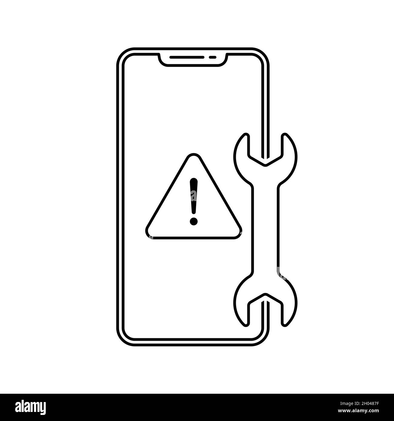 Symbol für die Reparatur des Smartphones. Schraubenschlüssel auf dem mobilen Symbol. Schwarzes lineares Symbol. Vektorgrafik. Stock Vektor