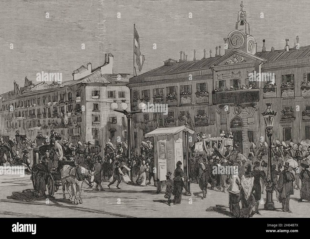 Geschichte Spaniens. Madrid. Eröffnung der spanischen Gerichte am 15. Februar 1878. Der Weg des Königs und der Königin zum Palast der Gerichte. Durchgang des königlichen Gefolges durch die Puerta del Sol (Tor der Sonne). Zeichnung aus dem Leben von Ferrant. Gravur. La Ilustración Española y Americana, 1878. Stockfoto