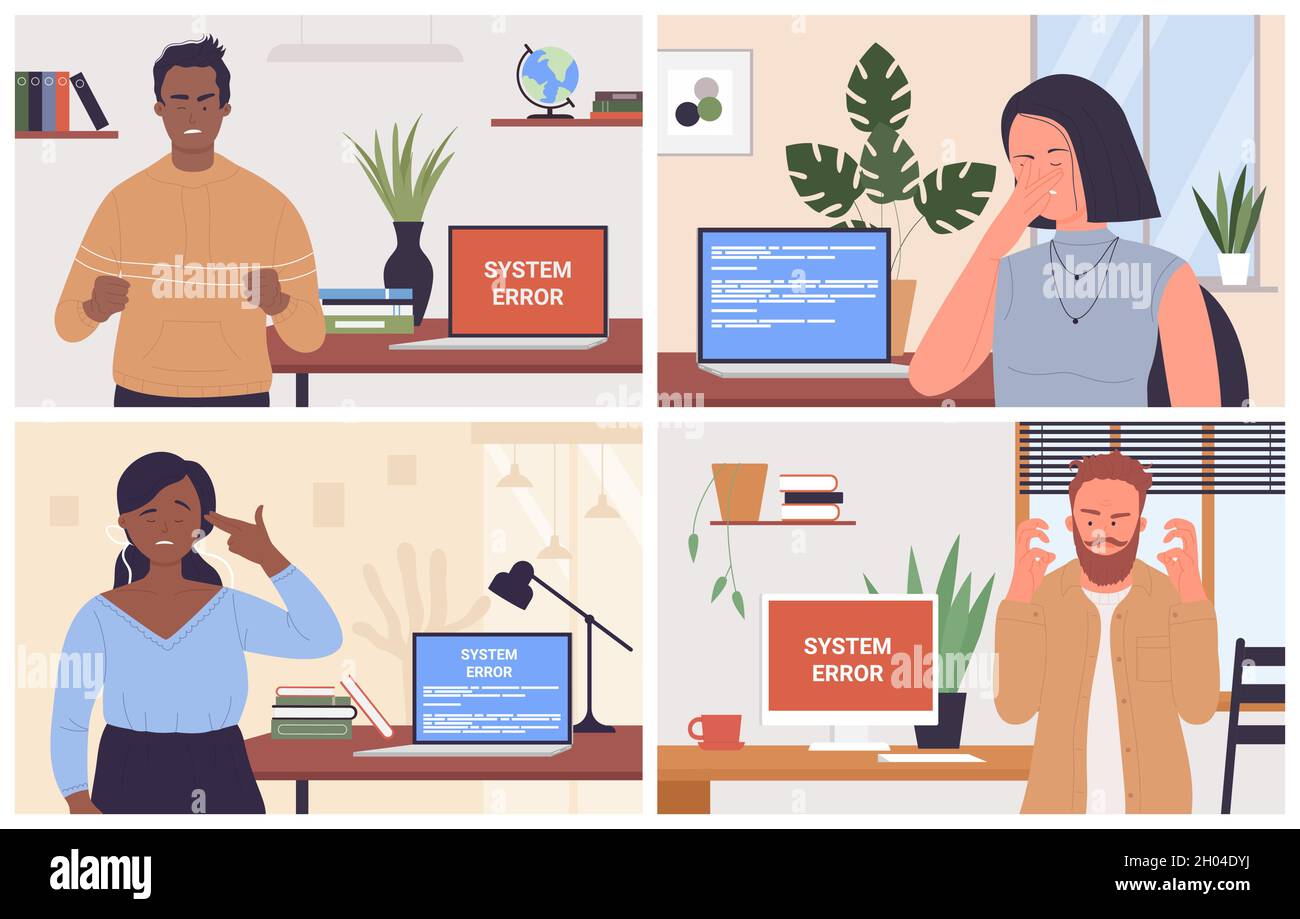 Fehler Fehler auf dem Computerbildschirm und wütend oder traurig Geschäftsleute Vektor-Illustration gesetzt. Cartoon Mann Frau Mitarbeiter Zeichen haben pc-Problem, frustriert Geschäftsmann im Büro Arbeitsplatz Hintergrund Stock Vektor
