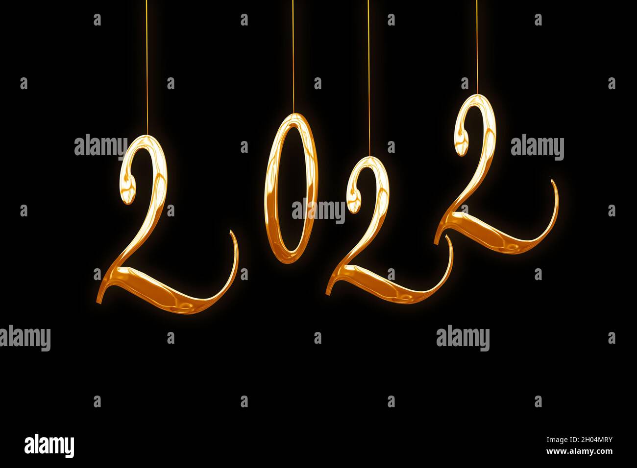2022, Neujahr Karte. Hängende glänzende Zahlen isoliert auf schwarzem Hintergrund Stockfoto