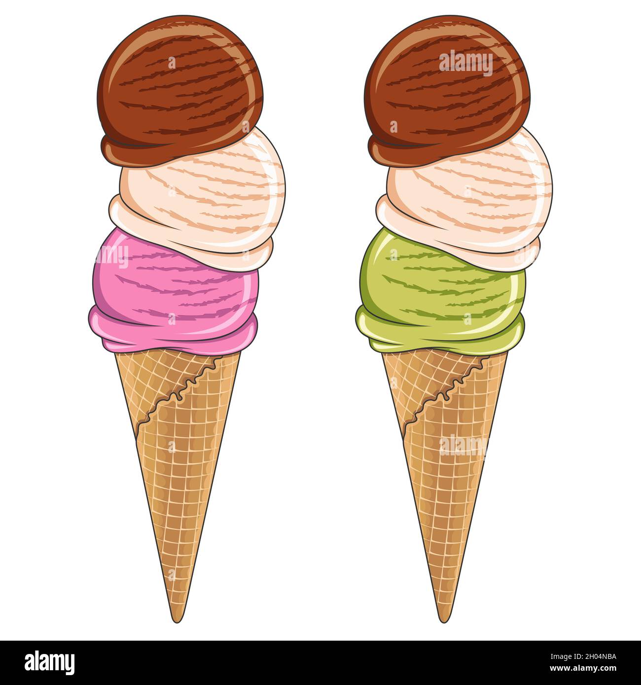 Set von leckeren Eis, drei Kugeln in verschiedenen Farben. Vektorgrafik. Isolierte Objekte auf weißem Hintergrund. Stock Vektor