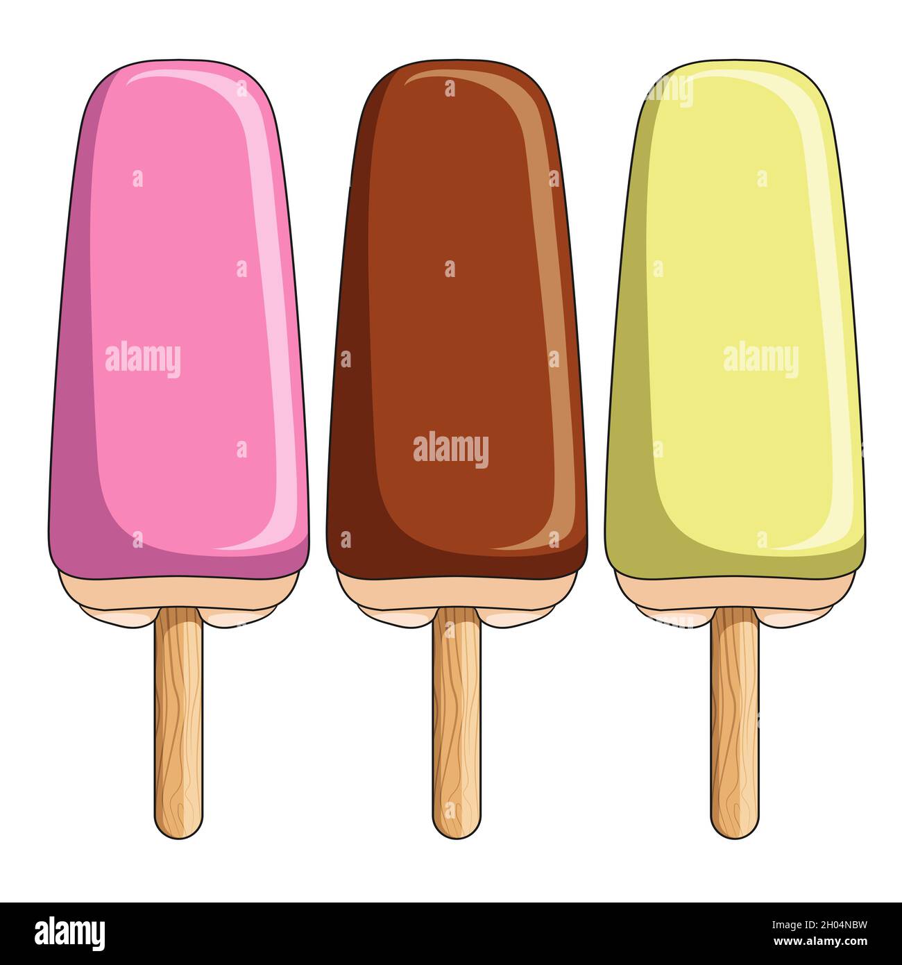 Stellen Sie die Farbe von Eis in die Glasur auf einem Stock. Isolierte Vektorobjekte auf weißem Hintergrund. Stock Vektor