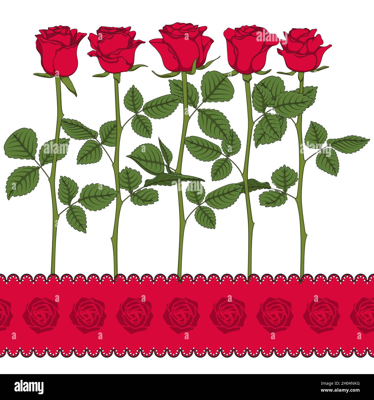 Set von farbigen Illustrationen mit roten Rosen. Isolierte Vektorobjekte auf weißem Hintergrund. Stock Vektor
