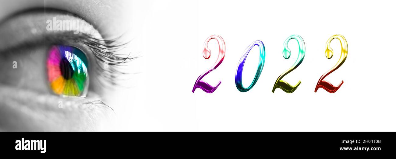 2022 und farbenfrohe Regenbogen-Augen-Kopfzeile, Grußkarten-Webbanner für das neue Jahr Stockfoto