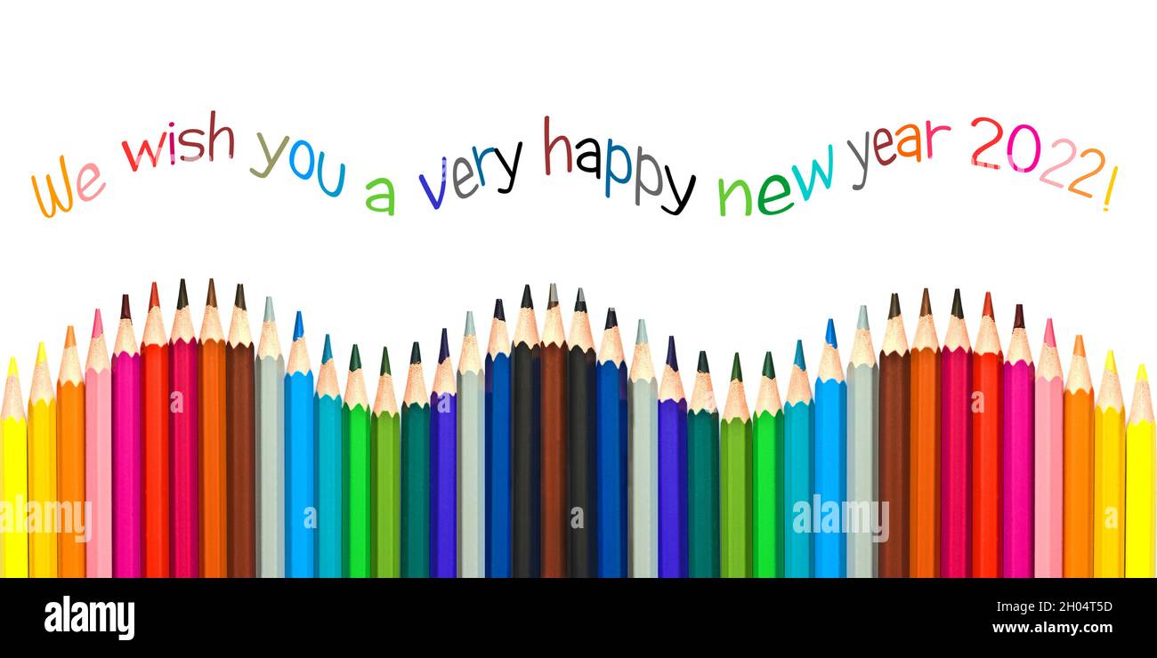 Frohes neues Jahr 2022 Grußkarte, bunte Stifte isoliert auf weißem Hintergrund Stockfoto