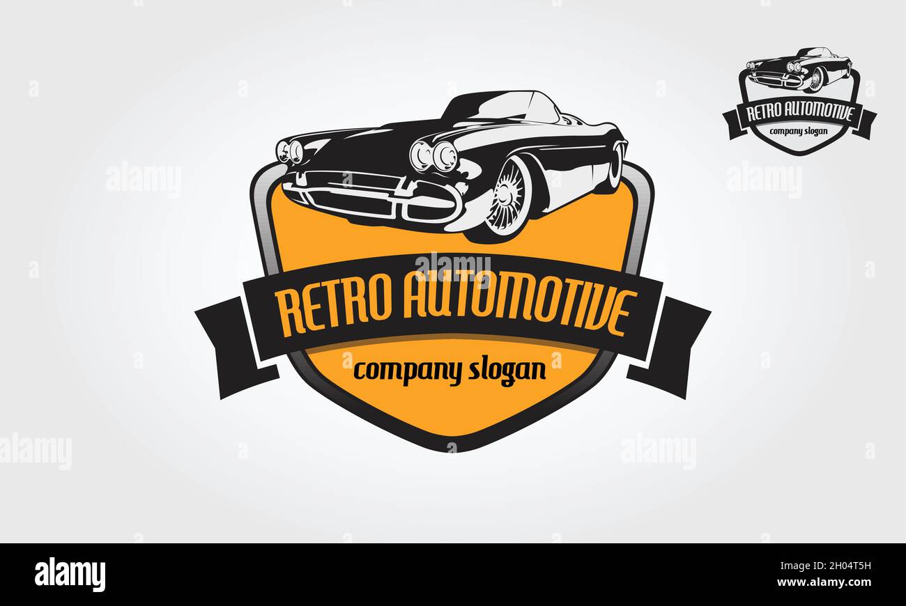 Retro Automotive Vector Logo Illustration. Dieses Logo kann für Oldtimer-Shops, Reparaturen, Restaurationen verwendet werden. Stock Vektor