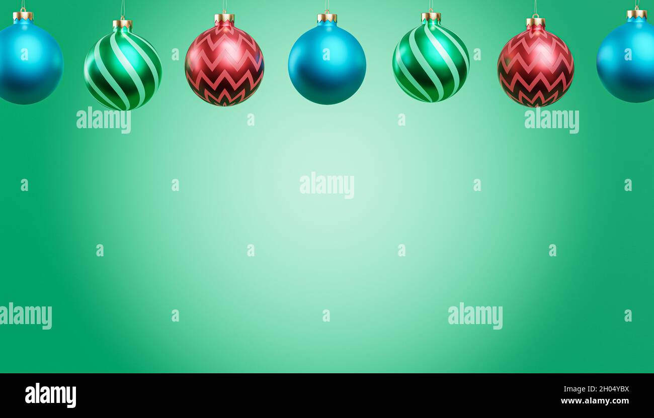 Bannerhintergrund zu Weihnachten oder Neujahr mit bunten Kugeln, 3d-Rendering Stockfoto