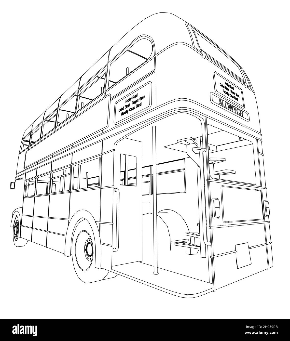 Umriss eines doppelstockigen englischen Retro-Busses aus schwarzen, auf weißem Hintergrund isolierten Linien. Perspektivische Ansicht. Vektorgrafik. Stock Vektor