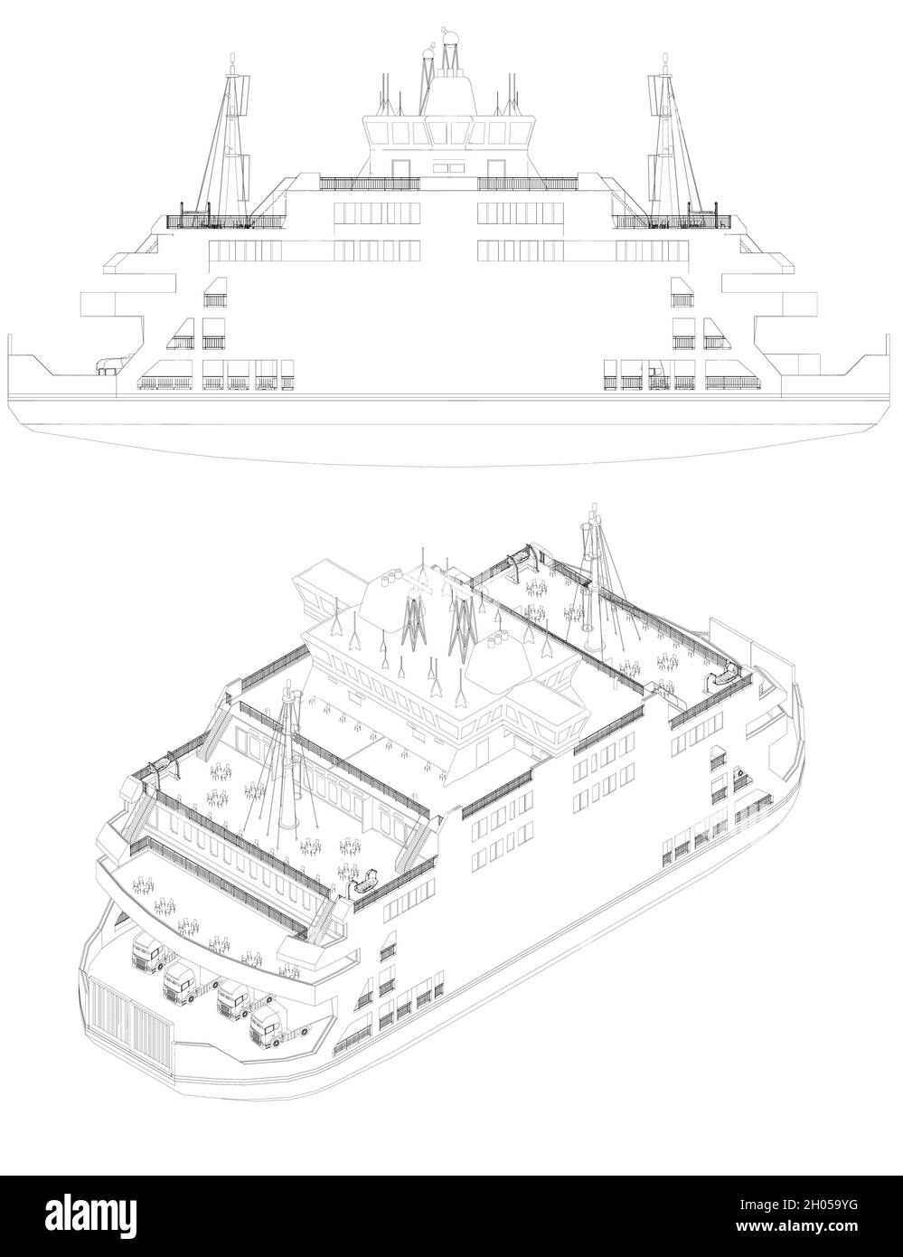 Liner-Kontur von schwarzen Linien isoliert auf weißem Hintergrund. Passagierschiff. Isometrische Seitenansicht. Vektorgrafik. Stock Vektor