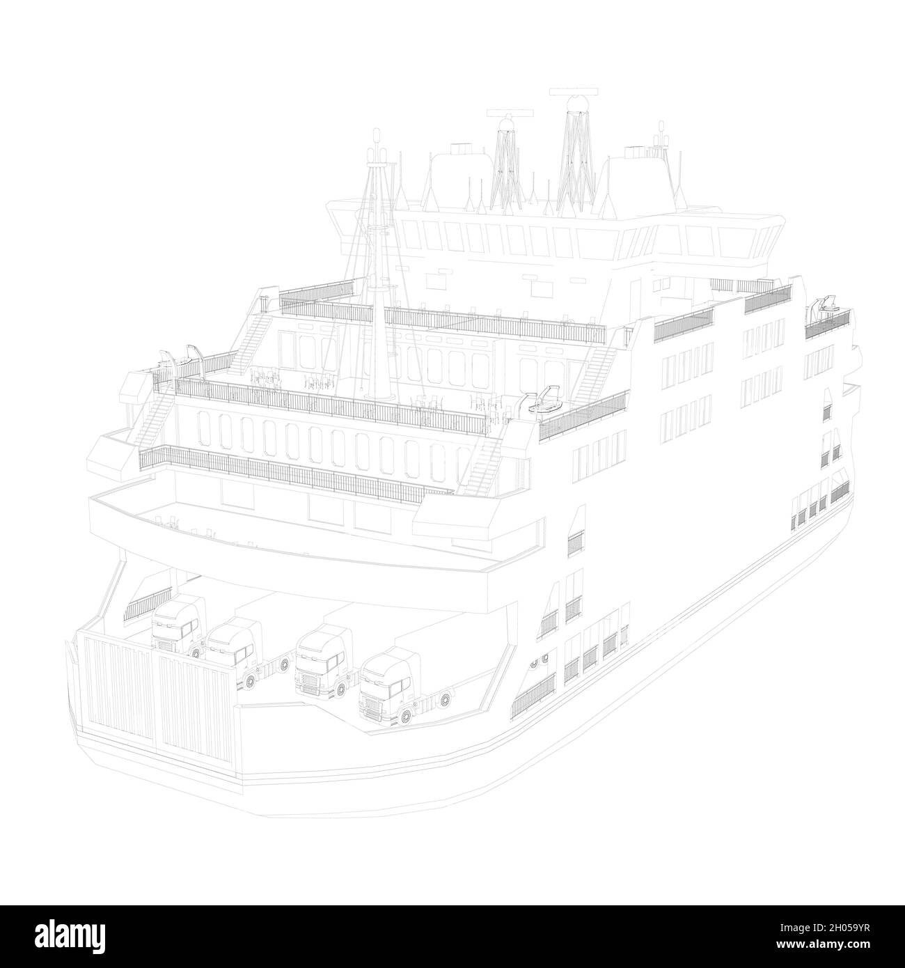 Liner-Kontur von schwarzen Linien isoliert auf weißem Hintergrund. Passagierschiff. Perspektivische Ansicht. Vektorgrafik. Stock Vektor