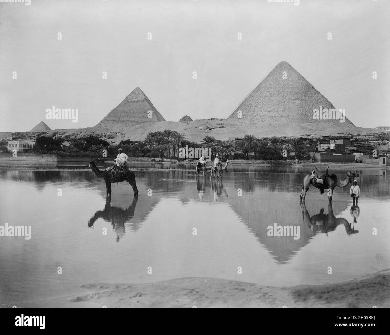 Ein Vintage-Foto um 1880 von Pyramiden auf dem Gizeh-Plateau in Ägypten. Es umfasst die große Pyramide von Gizeh, die Pyramide von Khafre und die Pyramide von Menkaure, zusammen mit ihren verbundenen Pyramidenkomplexen Stockfoto
