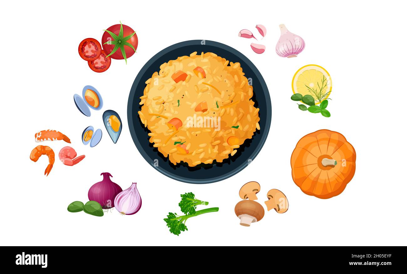 Teller mit frischem Risotto und verschiedenen Zutaten Stock Vektor