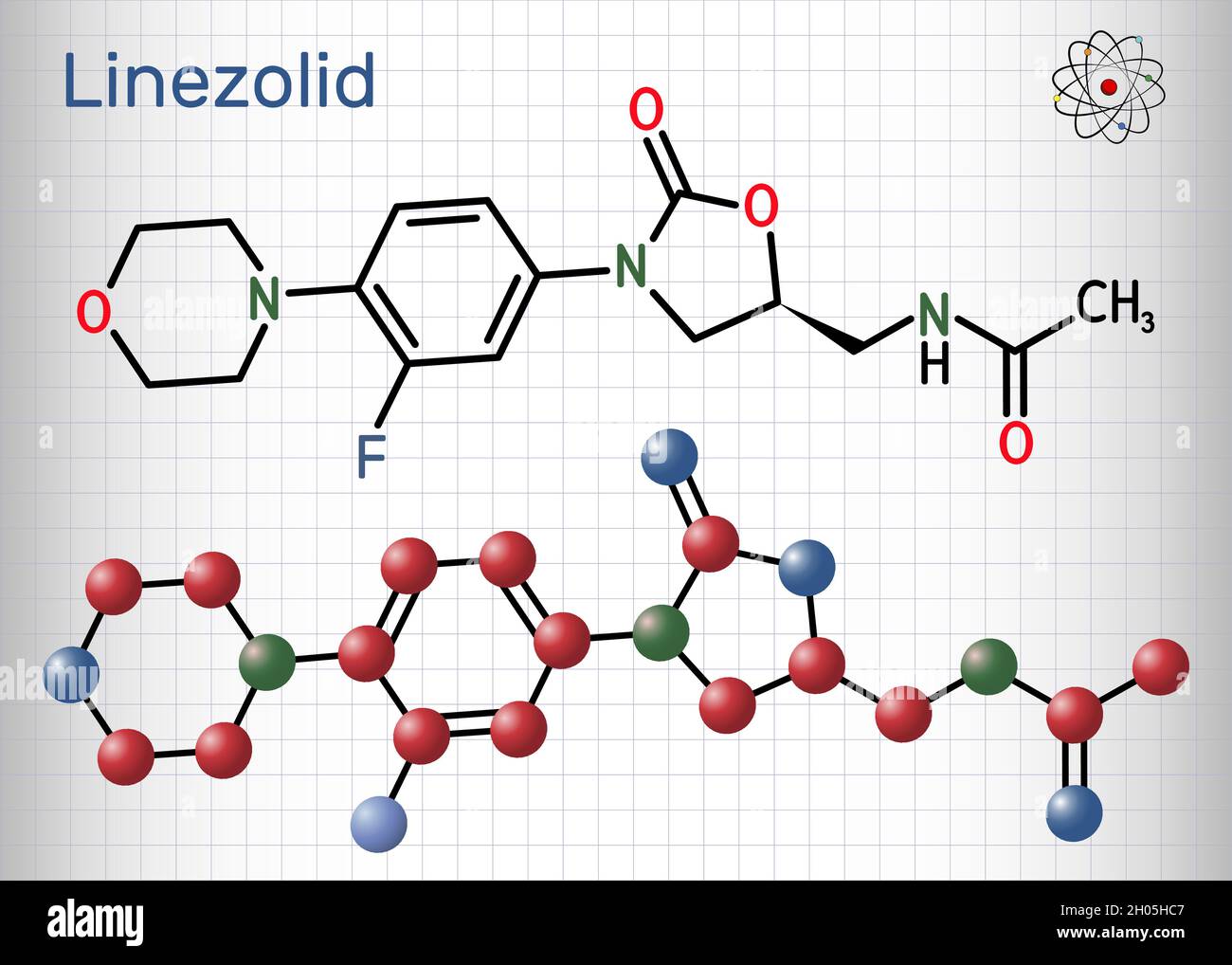 Linezolid-Molekül. Es ist ein synthetisches Antibiotikum, das zur Behandlung von Infektionen wie Streptokokken, Staphylococcus aureus und MRSA verwendet wird. Blatt Papier i Stock Vektor