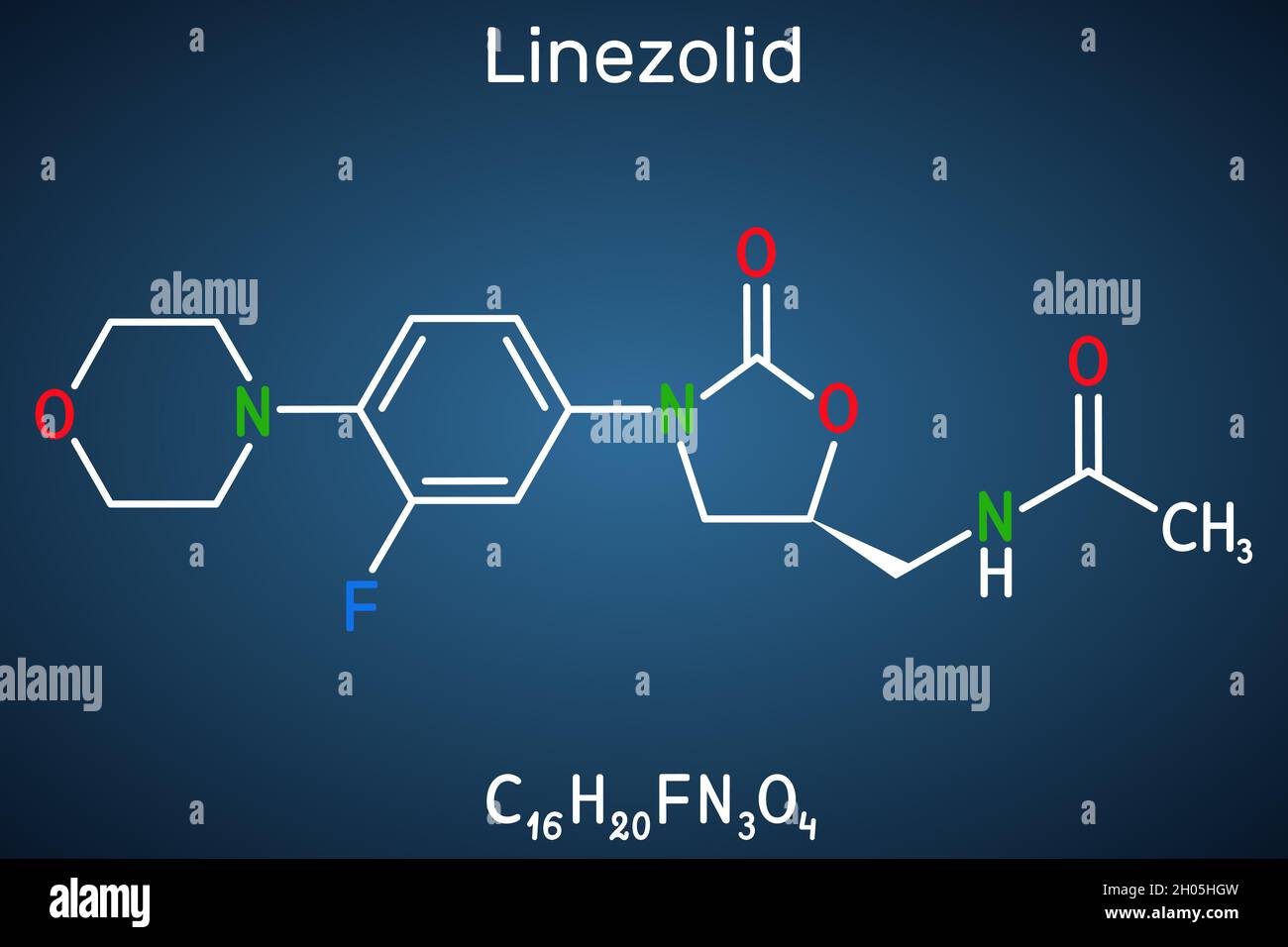 Linezolid-Molekül. Es ist ein synthetisches Antibiotikum, das zur Behandlung von Infektionen wie Streptokokken, Staphylococcus aureus und MRSA verwendet wird. Strukturelle Chemie Stock Vektor