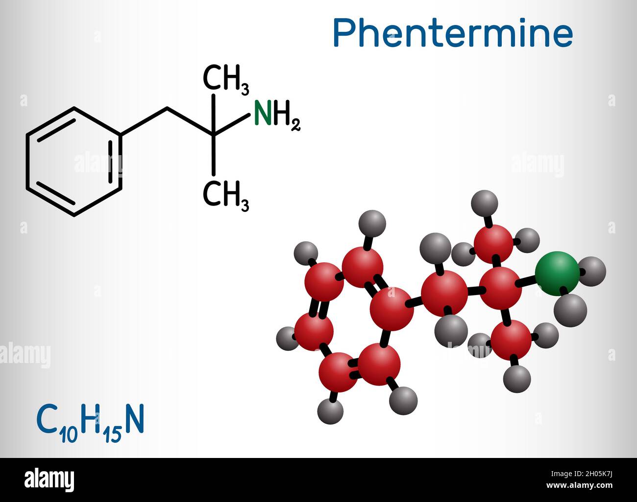 Phentermin, Molekül. Es ist ein natürliches Monoamin-Alkaloid-Derivat, sympathomimetisches Stimulans mit Appetitzügler Eigenschaft. Strukturchemikalie Stock Vektor