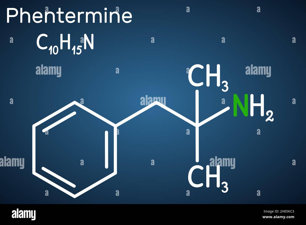 Phentermin, Molekül. Es ist ein natürliches Monoamin-Alkaloid-Derivat, sympathomimetisches Stimulans mit Appetitzügler Eigenschaft. Strukturchemikalie Stock Vektor