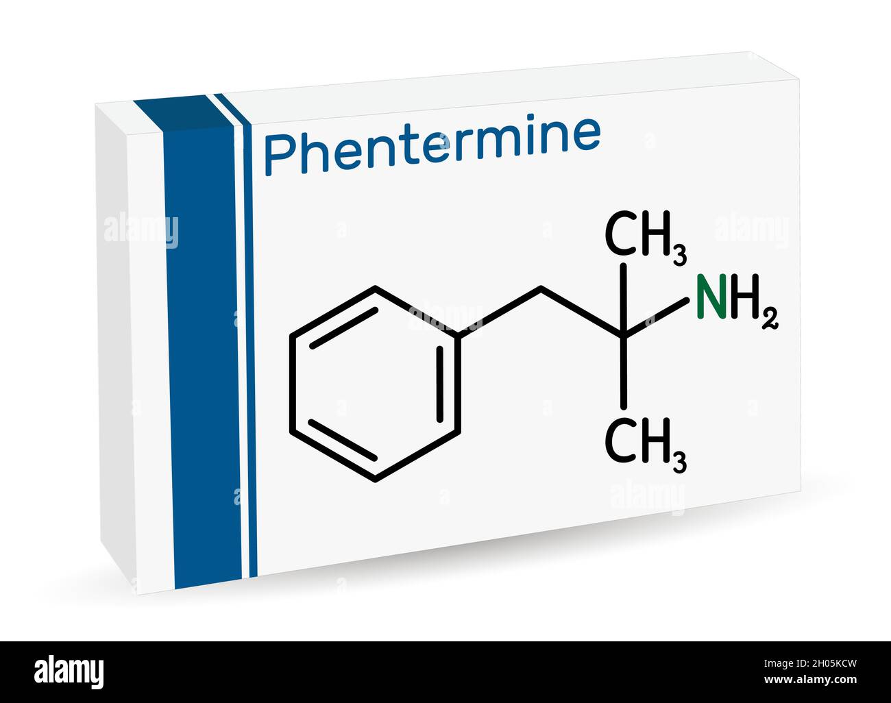 Phentermin, Molekül. Es ist ein natürliches Monoamin-Alkaloid-Derivat, sympathomimetisches Stimulans mit Appetitzügler Eigenschaft. Papierverpackung für Stock Vektor