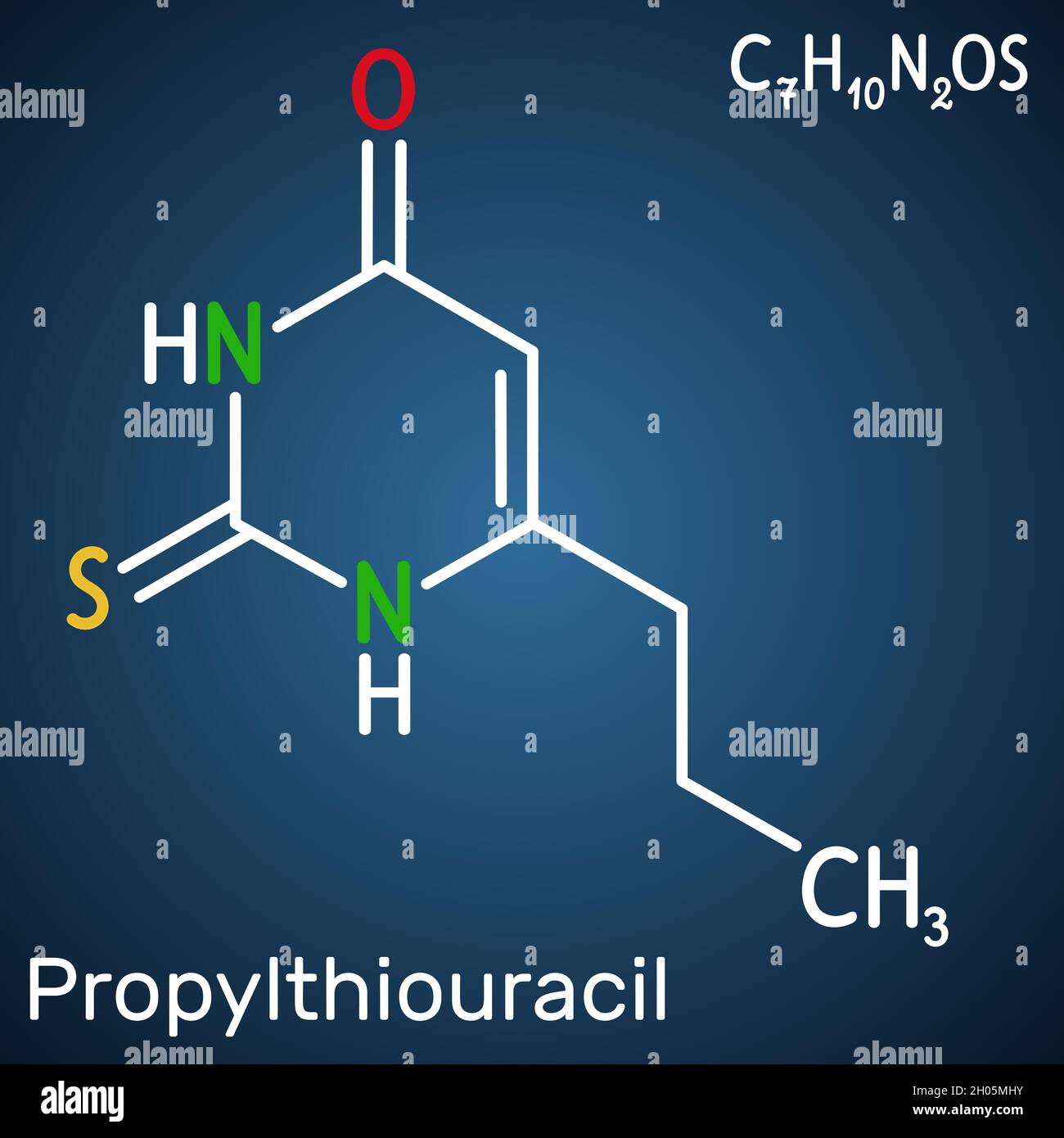 Propylthiouracil, PTU-Molekül. Es ist Thioharnstoff-Derivat mit antithyroid-Eigenschaft, verwendet, um Hyperthyreose zu behandeln. Strukturelle chemische Formel auf dem Stock Vektor