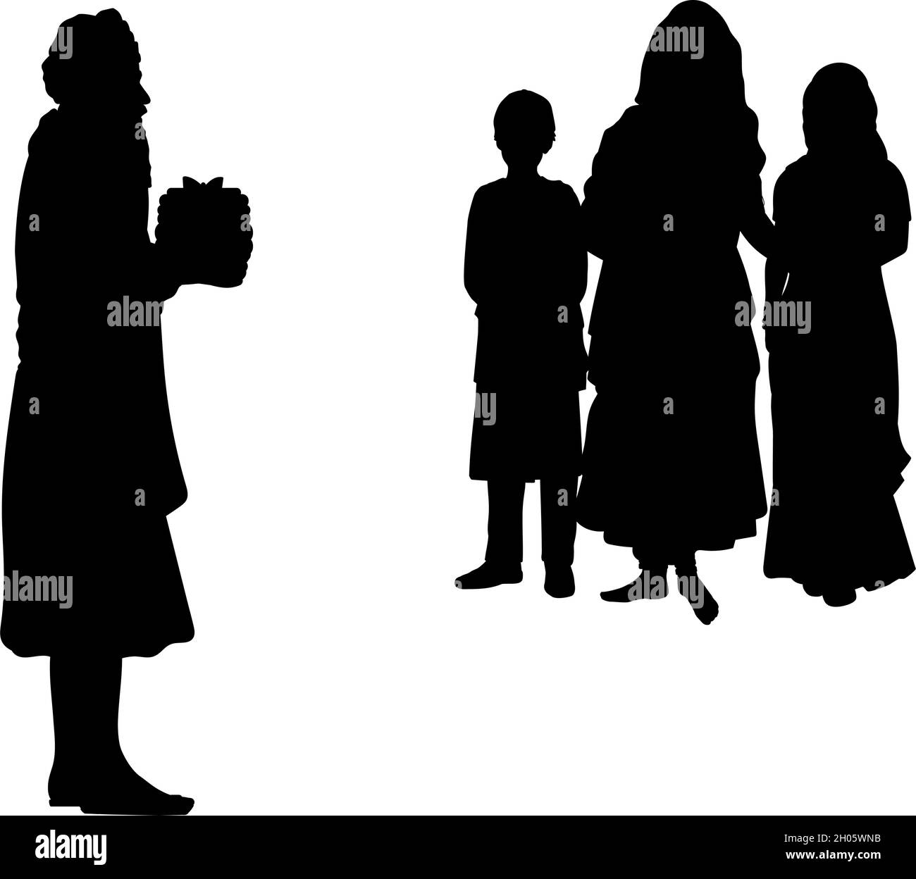 Silhouette Mann gibt Geschenke an die Familie. Familie feiert Diwali. Indische Kultur und Religion. Stock Vektor