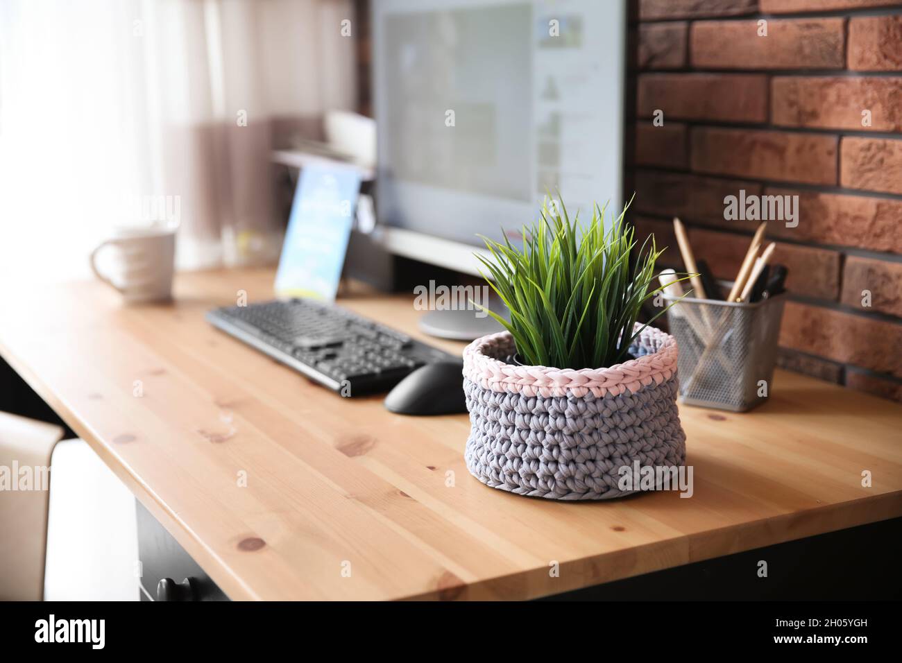 Gestrickter Blumentopf-Deckel mit Pflanze auf Bürotisch, Platz für Text.  Innenelement Stockfotografie - Alamy