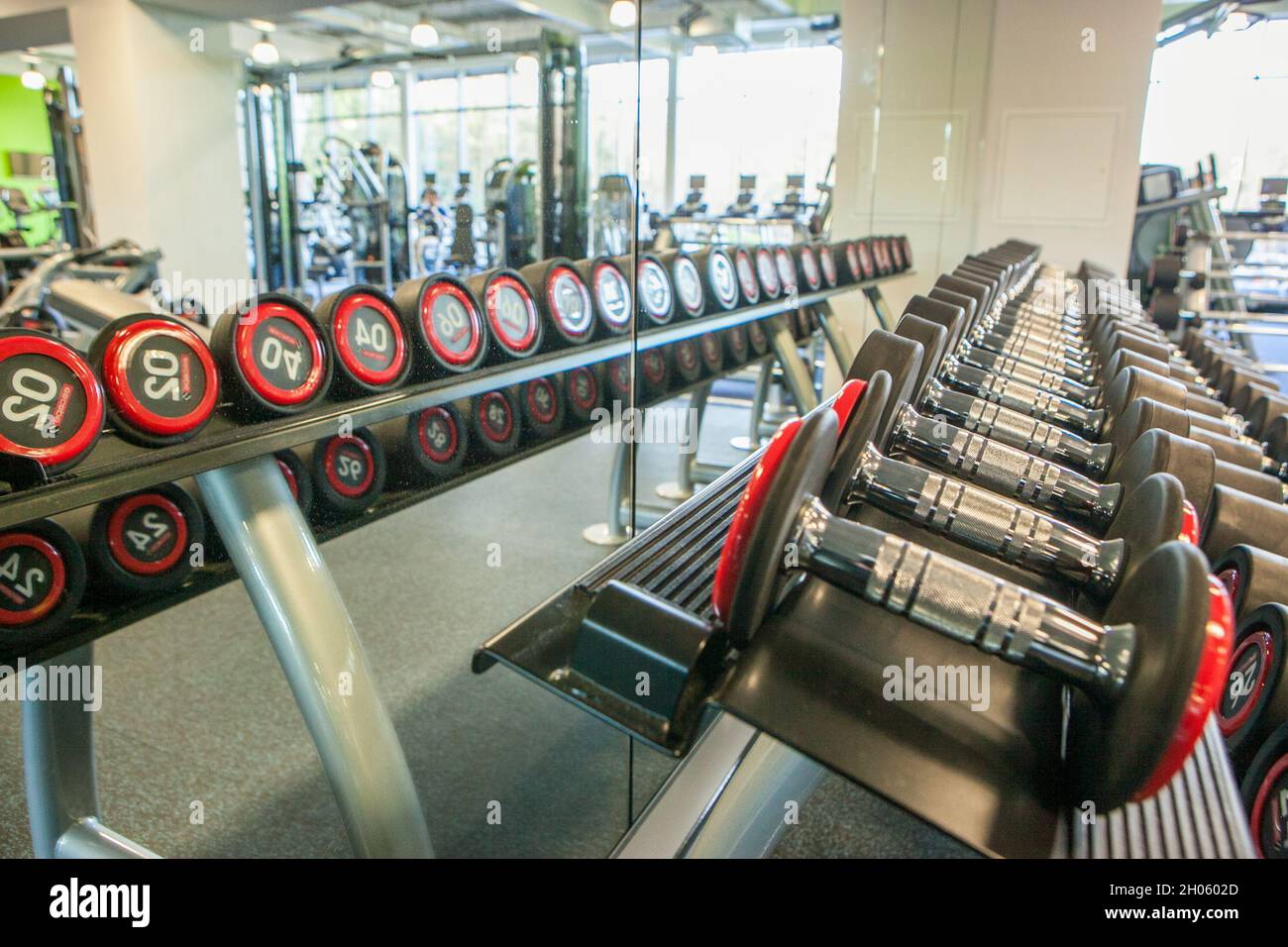 Gewichte, die in einem Spiegel in einem Fitnessstudio in einem Freizeitzentrum reflektiert werden Stockfoto