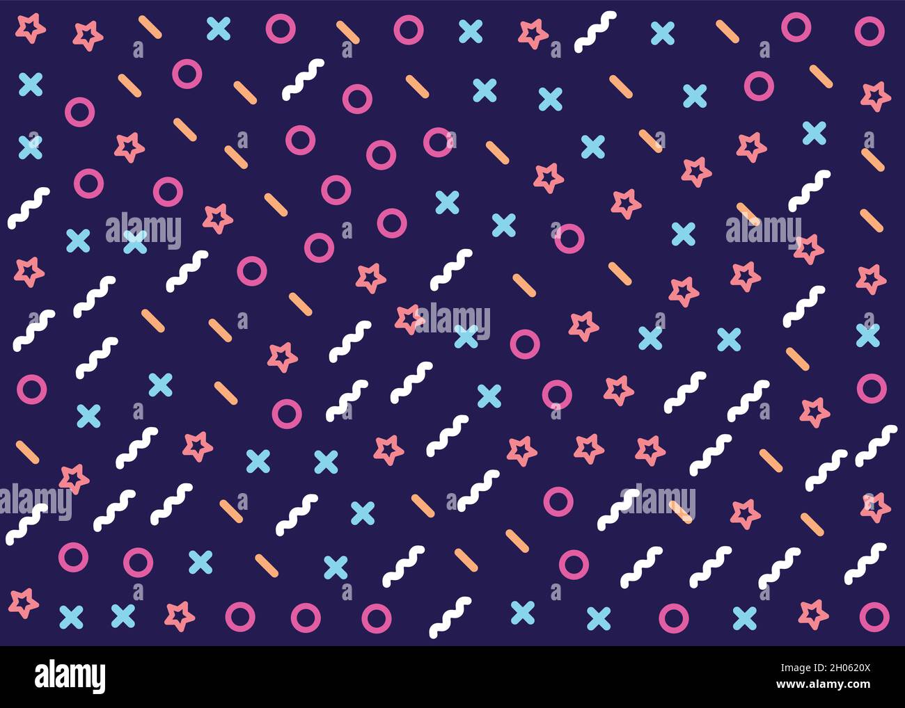 Vektor-Illustration mit memphis-Muster in flachem Design. Verschiedene bunte geometrische Formen auf tiefviolettem Hintergrund Stock Vektor